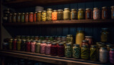 Fototapeta Paryż - Organic vegetable collection in glass jars on wooden shelf indoors generated by AI
