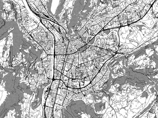 greyscale vector city map of grenoble in france with with water, fields and parks, and roads on a wh