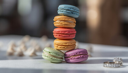 Sticker - Multi colored macaroons stacked on rustic wood plate generated by AI