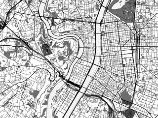 greyscale vector city map of lyon in france with with water, fields and parks, and roads on a white 