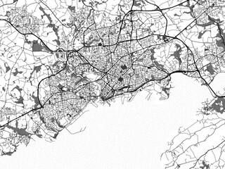 greyscale vector city map of brest in france with with water, fields and parks, and roads on a white