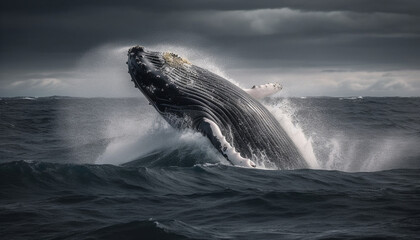 Canvas Print - Majestic humpback breaches, spraying awe inspiring beauty generated by AI