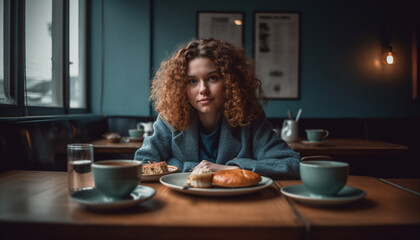 Wall Mural - One young woman smiling, drinking coffee, sitting indoors at table generated by AI