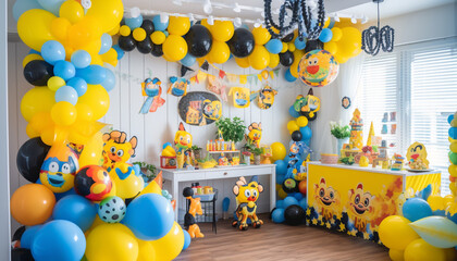 Poster - Multi colored balloons decorate the cheerful birthday party indoors, bringing joy generated by AI