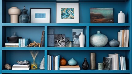 Wall Mural -  a blue book shelf with pictures and vases on it.  generative ai