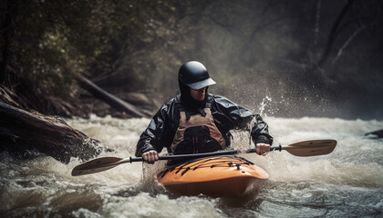 Sticker - Caucasian athlete paddles canoe through rapid water generated by AI