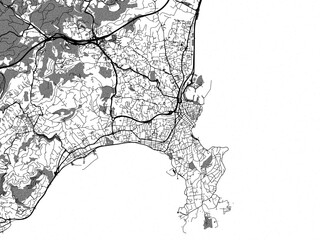 greyscale vector city map of antibes in france with with water, fields and parks, and roads on a whi