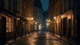 Fototapeta Fototapeta uliczki - Old town narrow streets illuminated by lanterns at twilight generated by AI