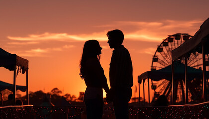 Wall Mural - Silhouette couple embraces in romantic sunset moment generated by AI