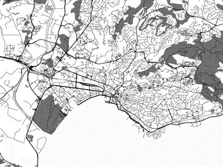 greyscale vector city map of frejus in france with with water, fields and parks, and roads on a whit