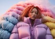 © Glittering Humanity - A girl in a vibrant pink puffy coat stands out like a colorful balloon against the dreary autumn sky, as if ready to burst with the explosive energy of the season