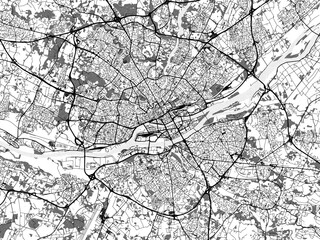 greyscale vector city map of nantes in france with with water, fields and parks, and roads on a whit