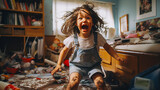 Fototapeta  - A child makes a mess in his room, scattering chocolate and screaming like a monster.