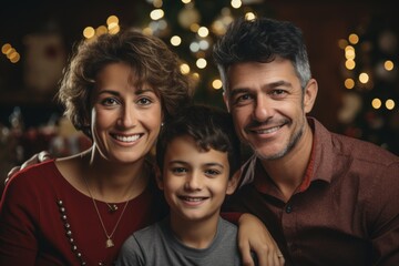 Cute boy with a Christmas gift and parents in the Christmas room at home. AI generative