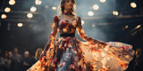 Fototapeta  - Female Model on Runway Fashion Show Catwalk in a Floral Dress Vibrant Colorful Beautiful Elegant Flowery Flowers Concept of Wedding Evening Dress