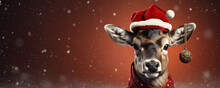 Portrait Of Reindeer Rudolph With Christmas Hat. Merry Christmas Banner.