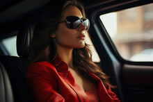Glamorous Stylish Young Woman In Sunglasses Driving A Car While Sitting Inside And Looking Away