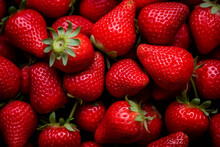 Close Up Macro Texture Strawberry Berries. Fresh Ripe Strawberries Background. Summer Healthy Food, Vegan And Vegetarian Concept. Generative AI