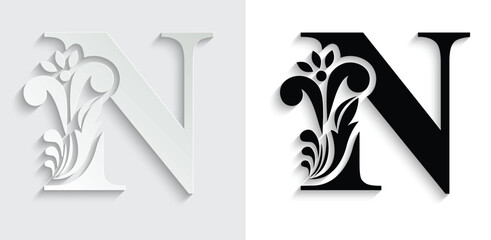 Wall Mural - letter N. Black flower alphabet. Beautiful capital letters with shadow