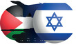 icon ball with Israel and Palestine flags and army vehicles, conflict on Middle East