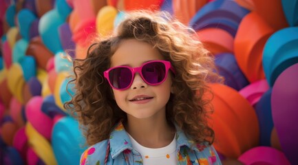 A carefree girl basks in the warm sun, her beaming smile accentuated by pink sunglasses as she plays with a colorful balloon, her playful style radiating through her clothing and goggles in the livel