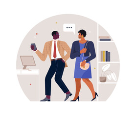 Fototapete - LGBTQ person at work. Vector cartoon illustration of two men, one dressed in a business suit and the other in women's business attire, talking and walking through an office. Isolated on background 
