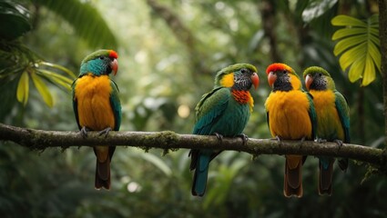 Wall Mural - Tropical parrots sitting on a tree branch in the rainforest