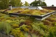 A vegetated building roof covered in green sedum sustainable plants with succulent vegetation, featuring a skylight. Generative AI