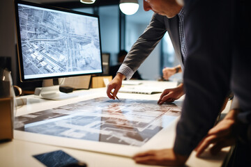 structural engineer checks construction blueprints and pointing to computer.