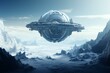 Spaceship soaring icy planet backwards. Generative AI