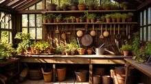 A Potting Shed With Wooden Shelves Brimming With Gardening Tools And Seedlings.