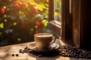 Wall Mural - Cup of hot Coffee on a wooden cottage windowsill and a warm autumn blurred Background Outdoor