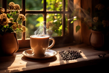 Wall Mural - Cup of hot Coffee on a wooden cottage windowsill and a warm autumn blurred Background Outdoor