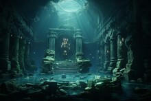 Illuminated Ruins Of Submerged Temple. CGI Rendering. Generative AI