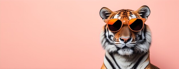 Wall Mural - Tiger in sunglass shade on a solid uniform background, editorial advertisement, commercial. Creative animal concept. With copy space for your advertisement