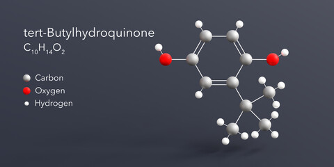 Wall Mural - tert-butylhydroquinone molecule 3d rendering, flat molecular structure with chemical formula and atoms color coding