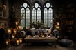 Luxurious Gothic castle living room with candles, vintage books. Generative AI