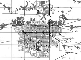 greyscale vector city map of brandon manitoba in canada with with water, fields and parks, and roads