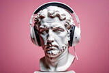 Fototapeta  - Gipskopf eines Mannes mit weißen Kopfhörern, pinkem Hintergrund, digitale Kunst