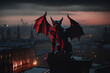 Gargoyle standing on top of a building. Its eyes are red and a red light shines on it. - Generative AI