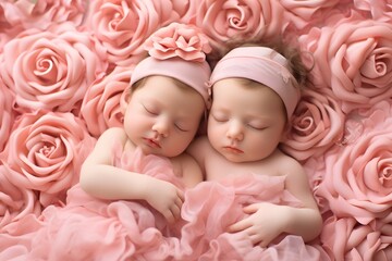 twin newborn baby girls sleeping on pink rose fabric background.