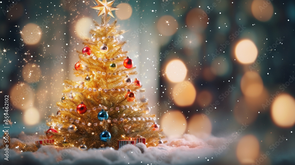 A sparkling Christmas tree covered in ornaments and tinsel, with a ...