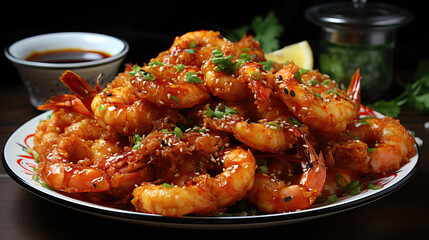 Wall Mural - Grilled fresh prawn shrimps on a plate with delicious sauce