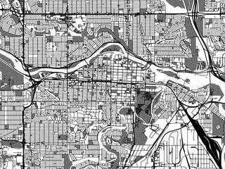 greyscale vector city map of calgary center alberta in canada with with water, fields and parks, and