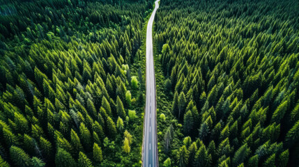 Wall Mural - Road surrounded by dense coniferous forests in top view