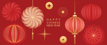 Happy Chinese New Year Background Vector. Year Of The Dragon Design Wallpaper With Firework, Hanging Lantern, Chinese Gold Coin. Modern Luxury Oriental Illustration For Cover, Banner, Website, Decor.