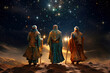 The Three Wise Men carry gifts through the desert guided by the stars. Christmas concept.