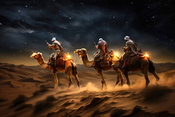 Wall Mural - The Three Wise Men carry gifts through the desert guided by the stars. Christmas concept.