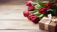Bouquet Of Red Tulips And Gift Box From Top View, Valentine Day Concept