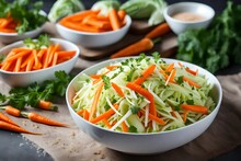 Fresh Cabbage Salad With Carrots And Cucumber In A White Bowl